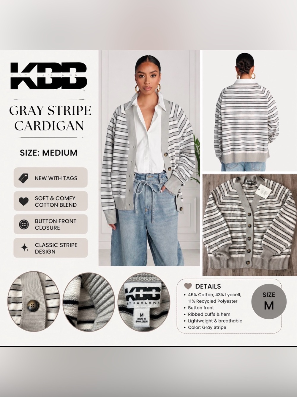 KBB by Kahlana Gray Stripe Button Front Cardigan Sweater NWT medium